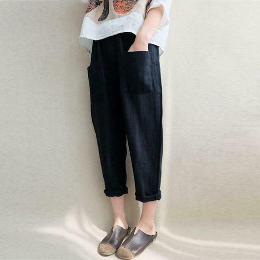 New Women Casual Solid Loose High Waist Long Pants Lady Cotton Linen Pockets Elastic Straight Pants Plus Size