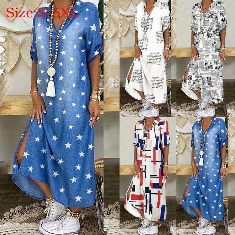 S-5XL Elegant Print Buttoned Slit Shirt Dress Women Summer Lapel Neck Maxi Party Dress Casual Loose Long Sleeve Beach Dresses