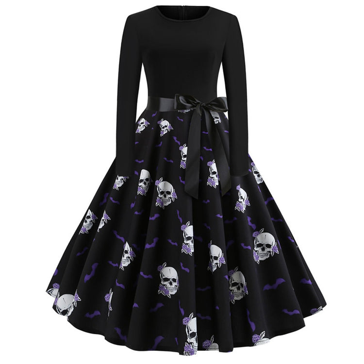 Women's Halloween Dresses 2021 Autumn Vintage Skull Vestido Print Long Sleeve Evening Party Swing Pleated  Mid-Calf Dress