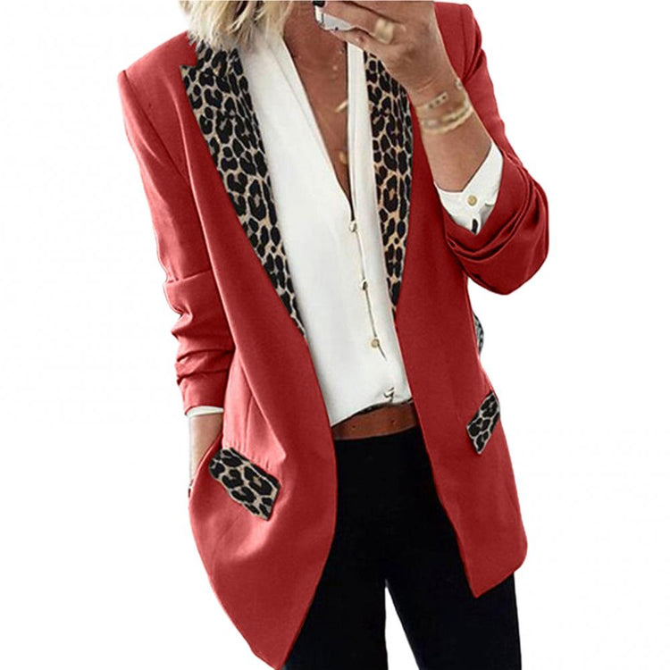 Elegant Women Lapel Leopard Patchwork Blazer Long Sleeve Open Front Slim Coat Jacket Black Blazer Long Coat Thin Jackets Women