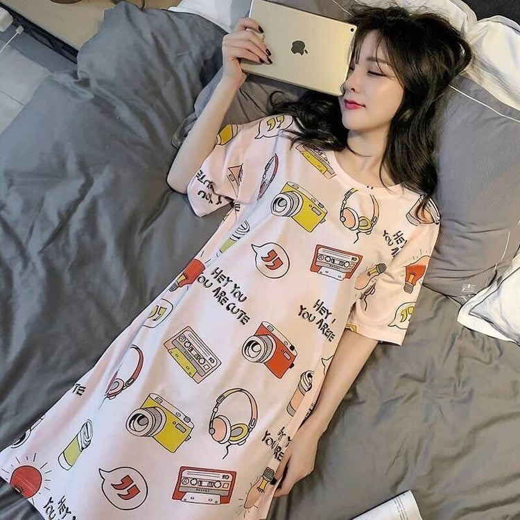 Short-sleeve Women's Sleepwear Imitation Silk Night Gowns Summer Cartoon Nightgowns Home Wear Girls Sleep Lounge Sleeping Dress