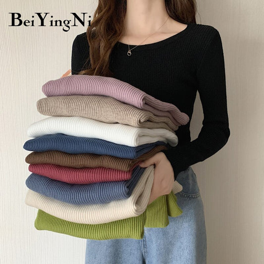 Beiyingni 2021 Spring Autumn Long Sleeve Sweater Women Solid Color Knitwear Jumper O-neck Casual Basic Tops Harajuku Pullovers