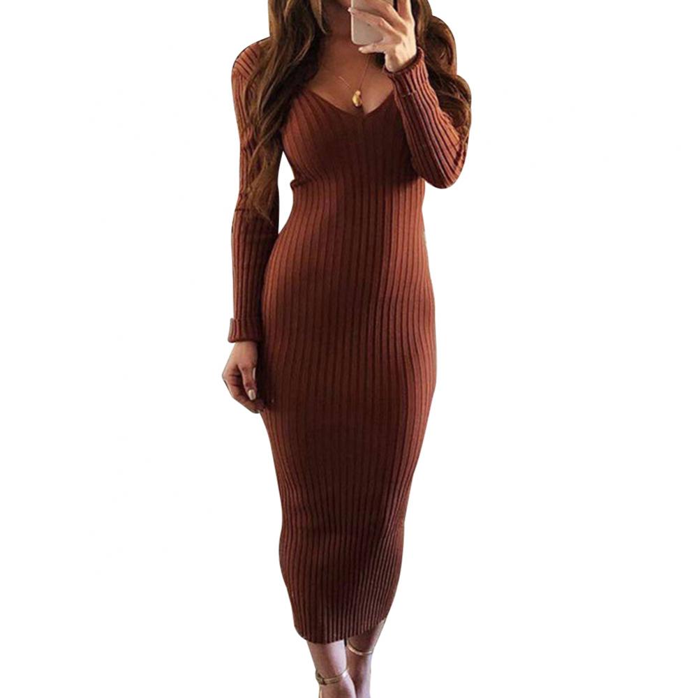 Christmas Casual Dresses for Women 2021 Sexy Women Long Sleeve V Neck Backless Ribbed Bodycon Slim Knitted Midi Dress
