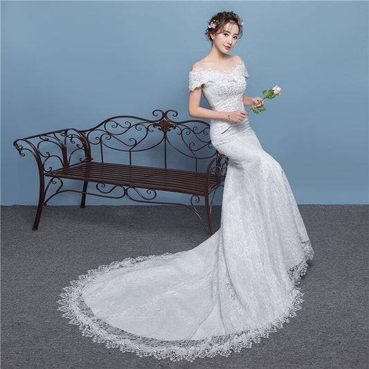 Wedding Dresses Illusion V-Neck Short Tulle Lace Off The Shoulder Embroidery Sequined Floor-Length White Women Bride Gown GB179