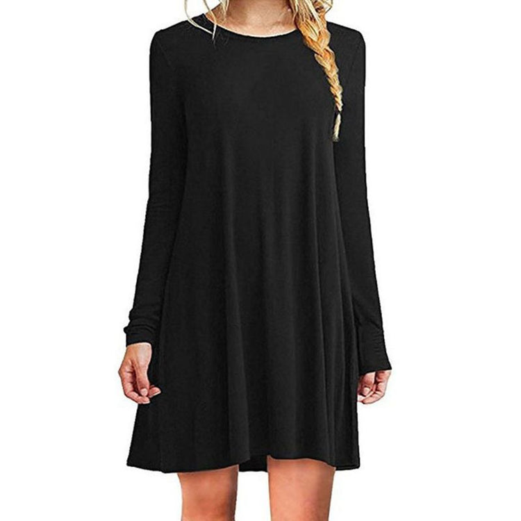 Womens Plus Size Long Sleeve Loose Midi Long T-Shirt Dress Solid Color Casual Pleated Swing Round Neck Pullover Streetwear S-2XL