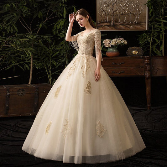 Wedding Dresses Illusion V-Neck Short Tulle Lace Beading Embroidery Backless Floor-Length Luxury Champagne Lady Bride Gown GB162