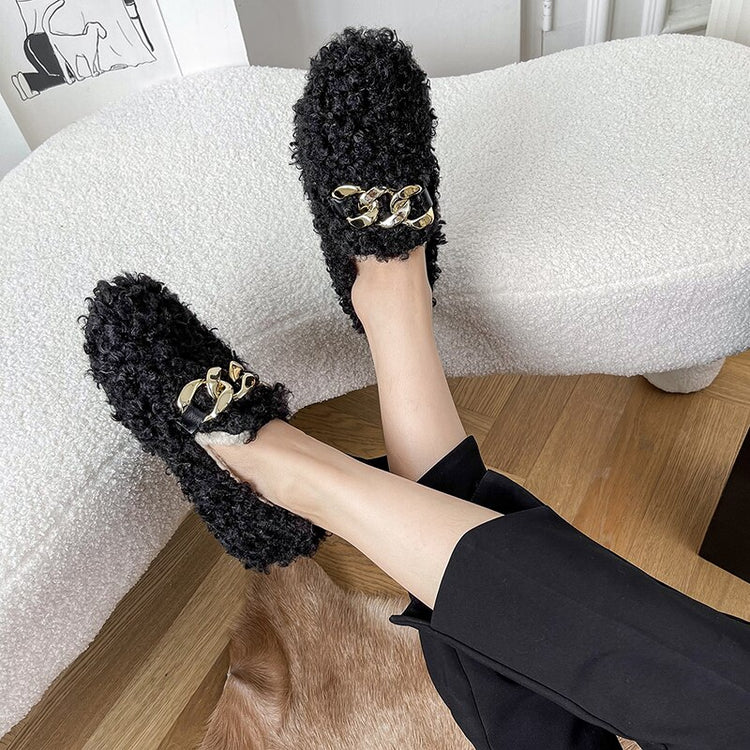 Chain Lambswool Flats Moccasins Femme Slip on Plush Winter Ladies Shoes Curly Furry Loafers Women Creepers Zapatos Plus Size 43