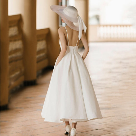 Robe De Mariee courte New Bride Simple Wedding Dress Tea Length Satin Sexy Backless Spaghetti Straps vestidos festa 2021