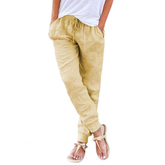 Summer Women Pants Solid Color Pockets Breathable Drawstring Harem Pants Plus Size Elastic Waist Casual Pants Streeetwear