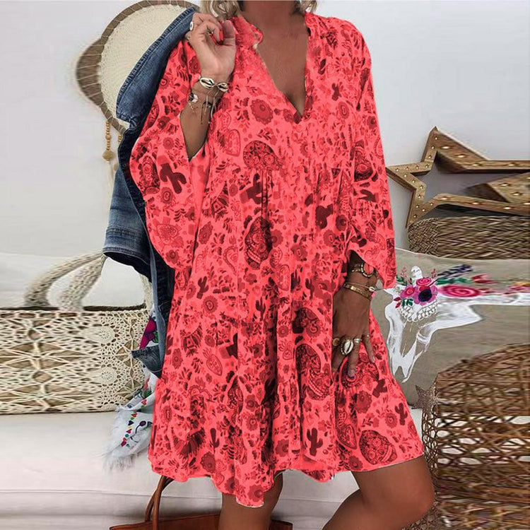 Elegant Ruffles Floral Print Women Beach Dress Summer 3/4 Sleeve Slim Fit Dress Female Loose V Neck Casual Dress vestidos Mujer