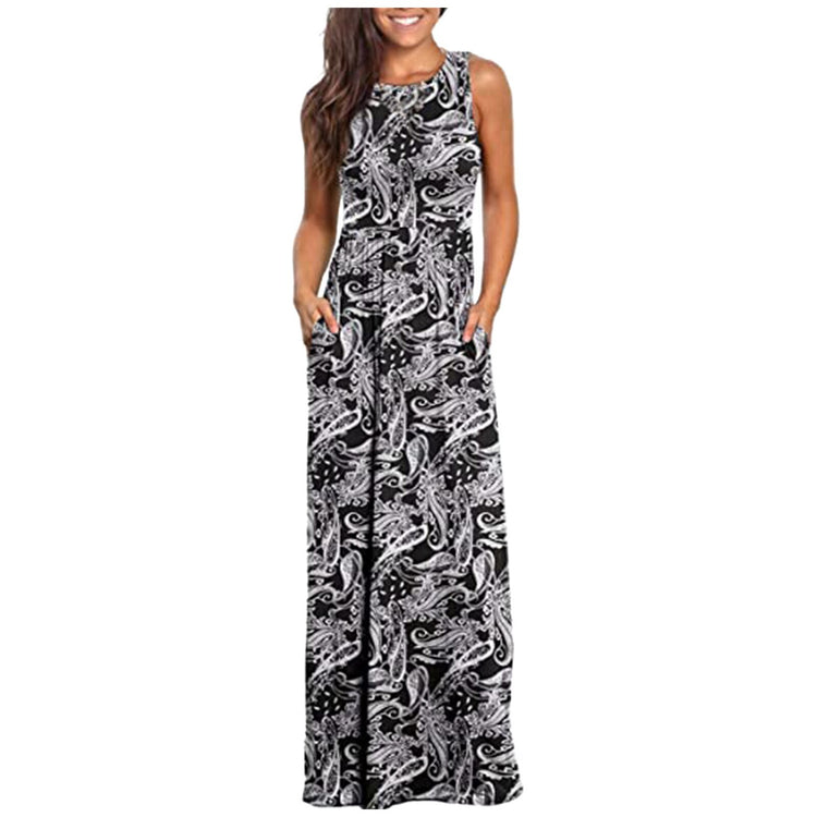 Women's Sleeveless Pocket Casual Floral Printing Beach Long Maxi Loose Dress For Women Casual Plus Size Dress