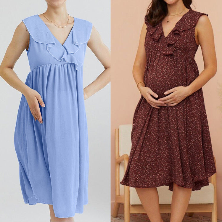 Maternity Pregnant Dresses Woman Printed V-neck Maternal Chiffon Ruffled Mini Dress Female Plus Size Oversized Dresses Vestidos