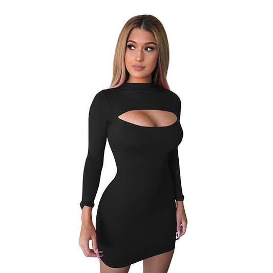 2020 Spring And Summer New Sexy Hollow Long-Sleeved Dress European And American Nightclub Zipper Slim Dress