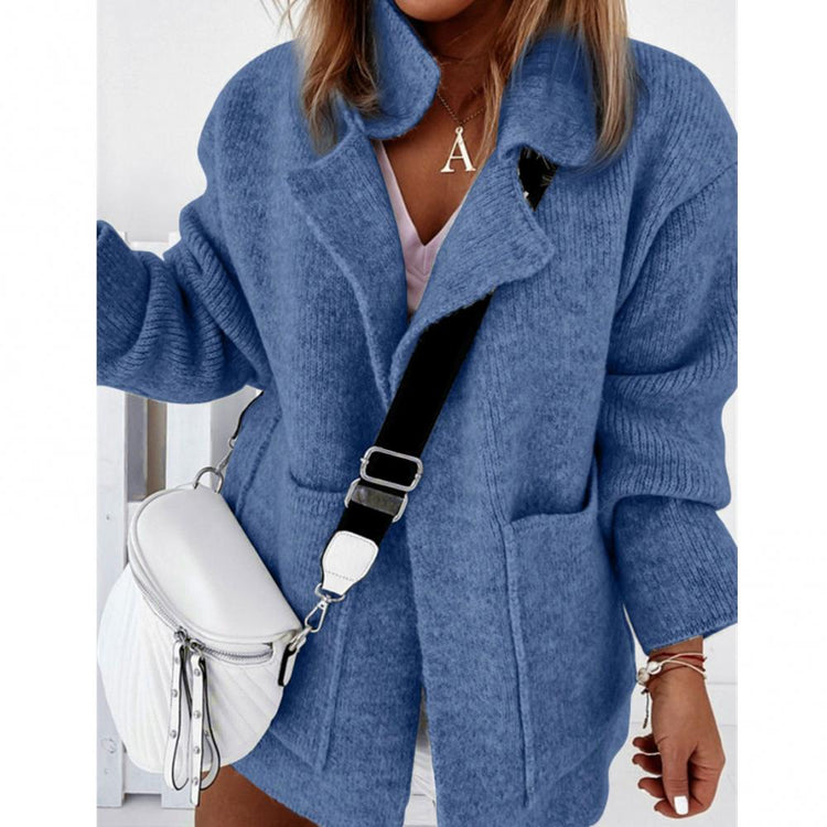 2021 Women Lapel Chic Long Sleeve Pockets Knit Coat Cardigan Thick Streetwear Jacket Spring Autumn Thick Streetwear Coats traf