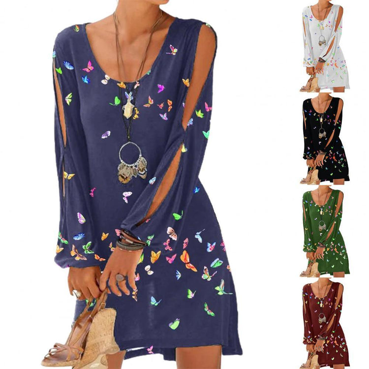 Plus Size Women Casual Dress Hollow Out Long Sleeve O Neck Dress Fashion Butterfly Print Loose Mini Summer Beach Dresses