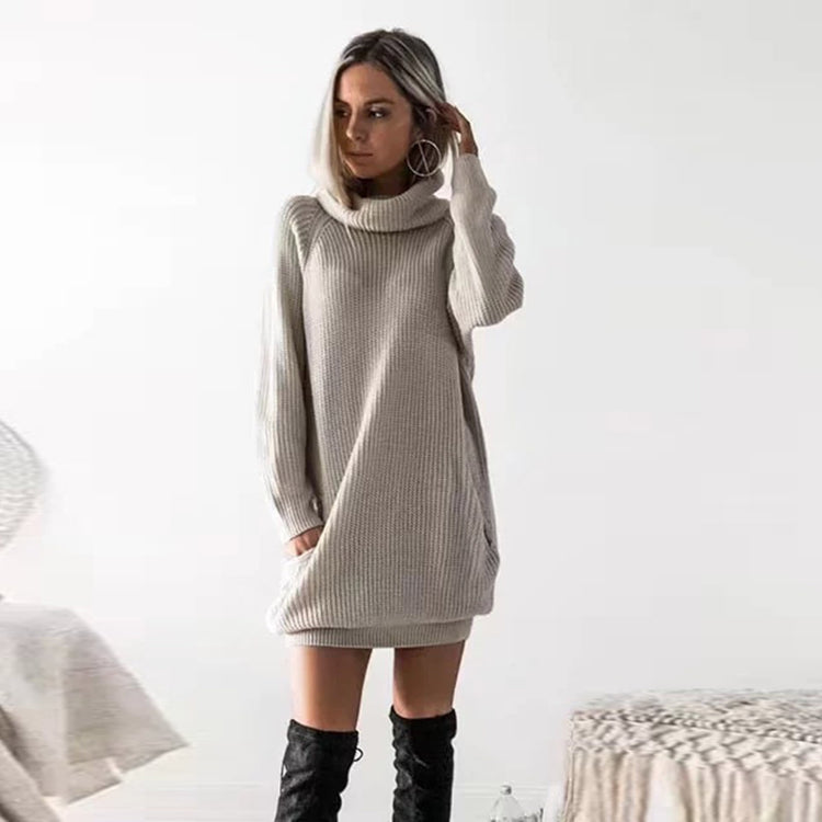 Autumn Winter Women Loose Sweater Midi Dress Solid Color Casual Female Long Sleeve Turtleneck Knitted Roll Neck Jumper Dress