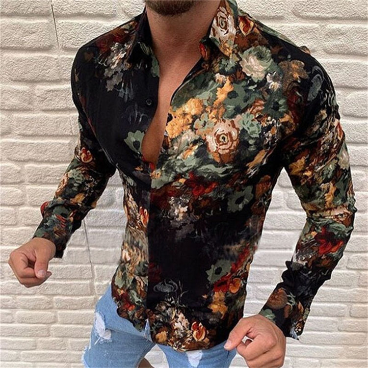 2021 autumn new European and American men's printed trend shirt cardigan short-sleeved shirt for men