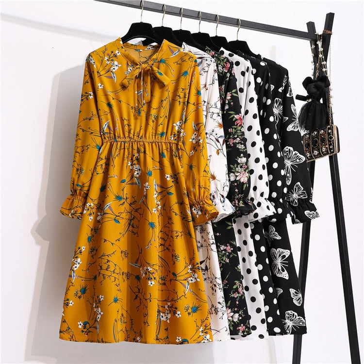 Autumn Lady Korean Style Vintage Floral Chiffon Women Casual Shirt Dress Long Sleeve Midi Summer za for Woman 2020 Dress