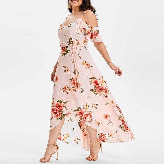 #Plus Size Women Casual Short Sleeve Cold Shoulder Boho Plus Size Flower Print Long Dress High Quality Beach Maxi Dresses Платье