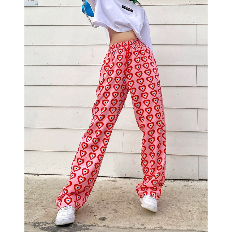 New Womens Wide-Leg Pants Loose Heart Print High Waist Drawstring Waistband Wide-Leg Pants For Vacation Travelling Party Pink