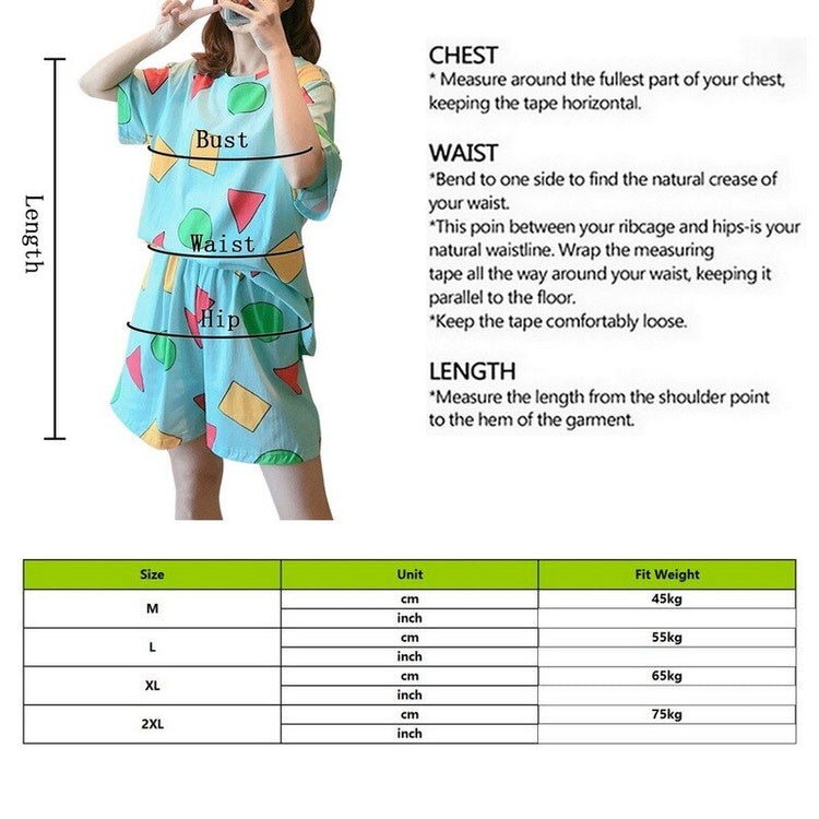 Pajamas Short-Sleeved Korean Cartoon Geometric Print Thin Home Service 2 Pieces Women's Summer Sleepwear Cute Shorts Pyjamas