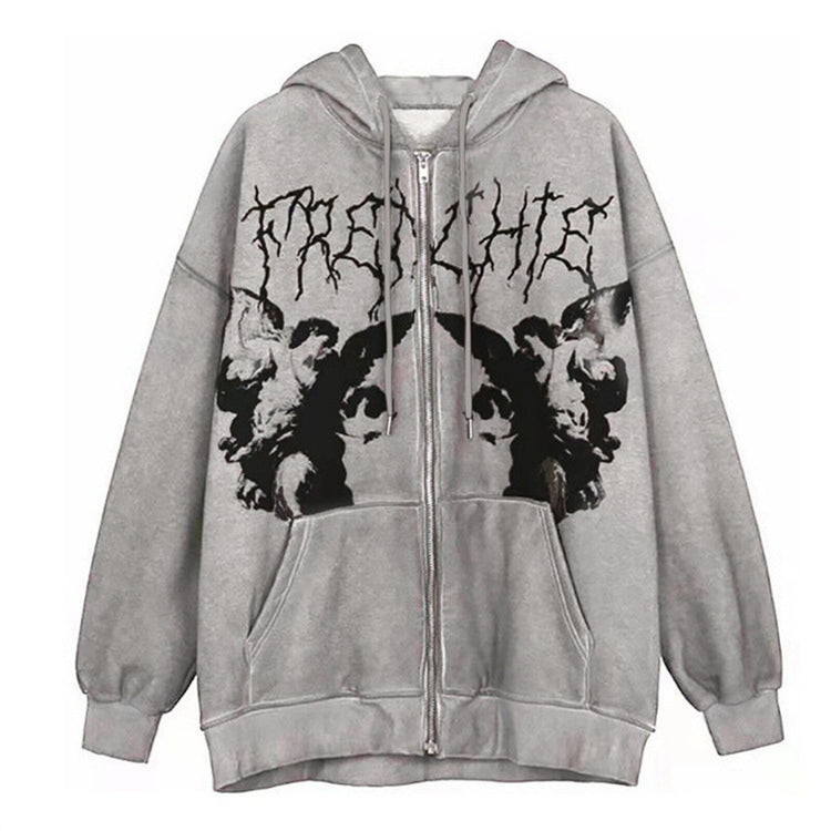 Women Y2K Angel Dark Printed Hoodies Streetwear Zip Up Long Sleeve Oversized Hooded Sweatshirt Couple Hip Hop Punk Jacket #F