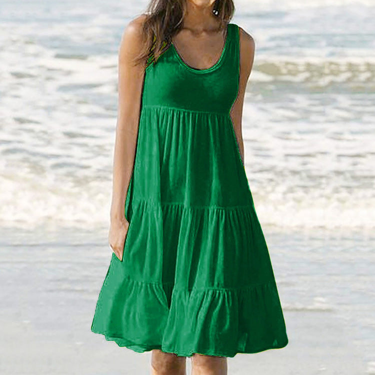 Women's Fashion Holiday Summer Solid Color Sleeveless Party Beach Dress vestido de mujer summer dress платья для женщин
