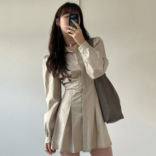 2021 Shirt Dresses Spring New Korean Chic Waist Closing Single Breasted Long Sleeve Slim Fit Women's Dress