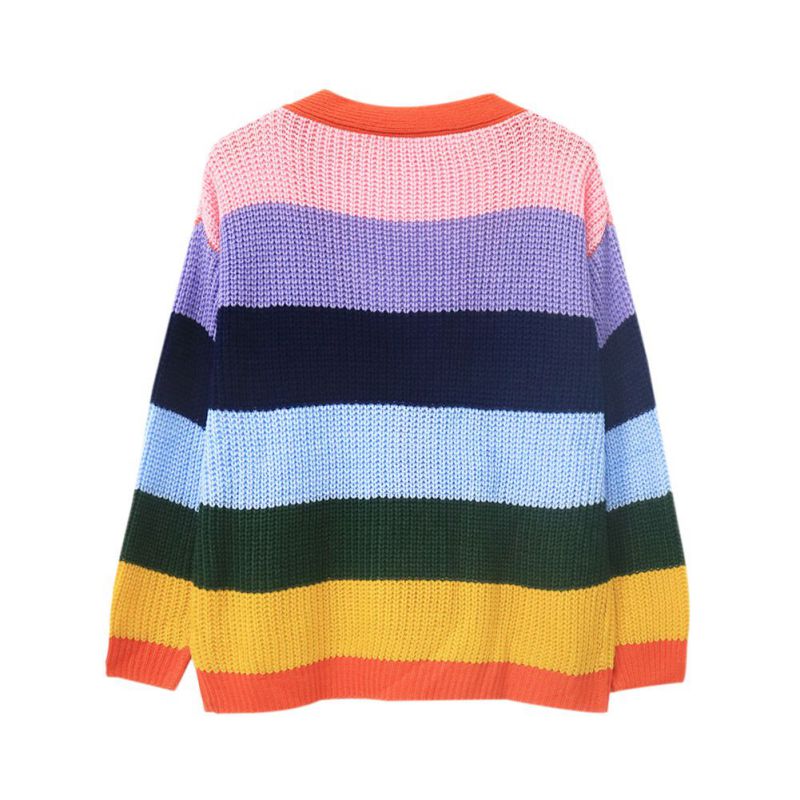 Autumn Women's Deep V-Neck Colored Striped Stitching Three Buckles Casual Loose Cardigan Sweater Rainbow Color