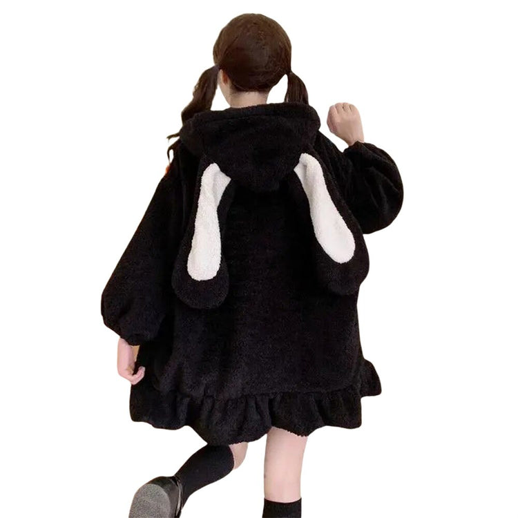 2021 New Women Bunny Plush Jacket Coat Autumn Winter Long Sleeve Fuzzy Hoodie with Ears Cute Oversize Fluffy Anime Hooded Jacket