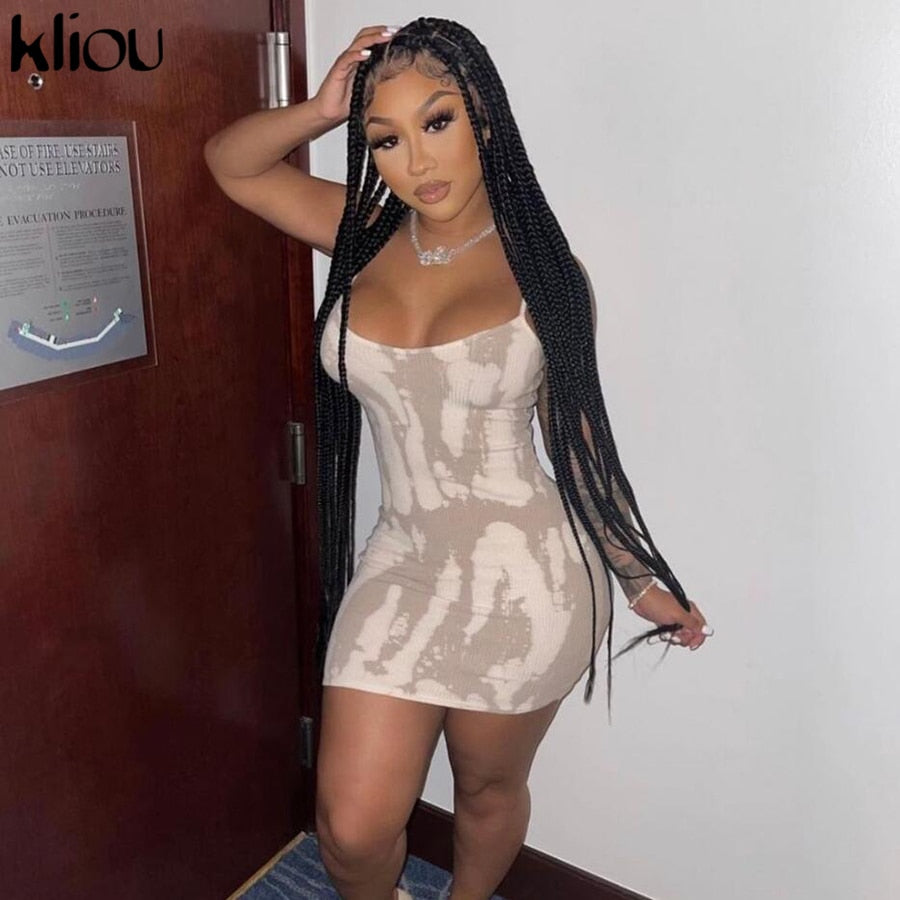 Kliou Ribbed Summer Streetwear Women Camisole Dress 2021 Casual Sleeveless Sexy Backless Bodycon Mini Dress Active Clothing
