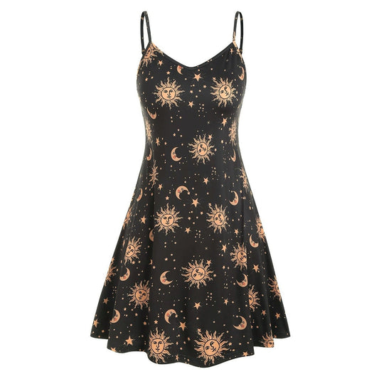 #H40 Spaghetti Strap Mini Dress Sun And Moon Print Sleeveless Plus Size Dress Women V Neck A-line Casual Holiday Beach Dresses