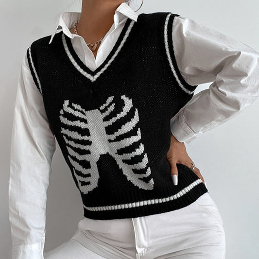 Women Sweater Vest Fashion Y2K Style Skull Print Knitting Tops Female Sleeveless V Neck Autumn Winter Sweater Knitwear Pullovers