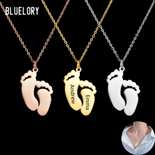 Bluelory Custom 3 Colors Engrave Name Feet Necklace For Women Stainless Steel Personalized DIY Jewelry For Mom Girfriend Gift