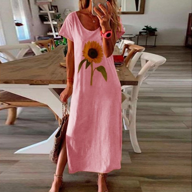Dresses For Women 2021 Fashion Women Sunflower Print Short Sleeve Plus Size Loose Casual Dress Elegant Women's Summer Long Dress