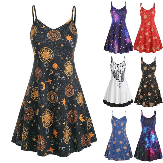 #H40 Spaghetti Strap Mini Dress Sun And Moon Print Sleeveless Plus Size Dress Women V Neck A-line Casual Holiday Beach Dresses