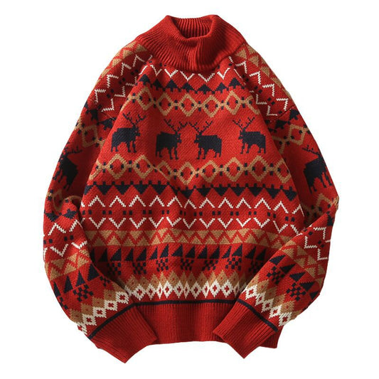 Christmas Printed Deer Sweater Fashion Men Sweater Knitwear Unisex Streetwear Jersey Pull Homme Half Turtleneck Vintage Sweater