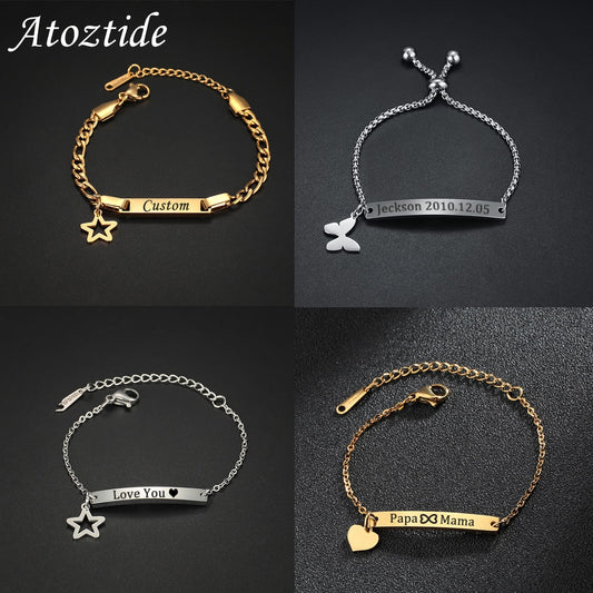 Atoztide Personalized Laser Engrave Baby Name Bar Star Nameplate Bracelet Stainless Steel For Women Kids Link Chain Jewelry Gift