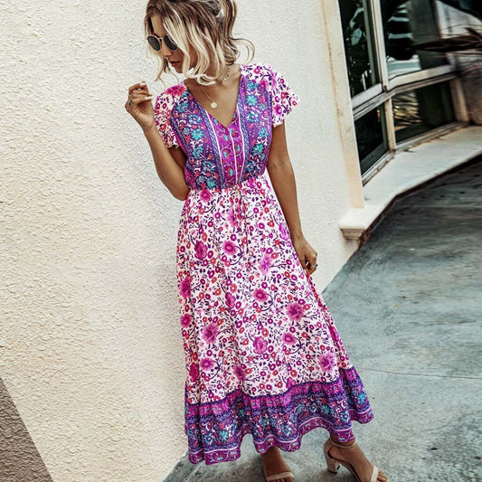 #H40 Fashion Bohemian Long Maxi Dress Women Floral Print V-neck Beach Style Bandage Short Sleeve Party Dress Boho Dresses