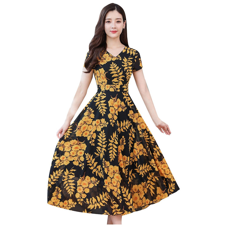 Summer Fashoin Floral Printed Short Sleeve Ankle-length Dress Ladies Feminino V-neck A-line Dresses Daily Casual Sundress Robes