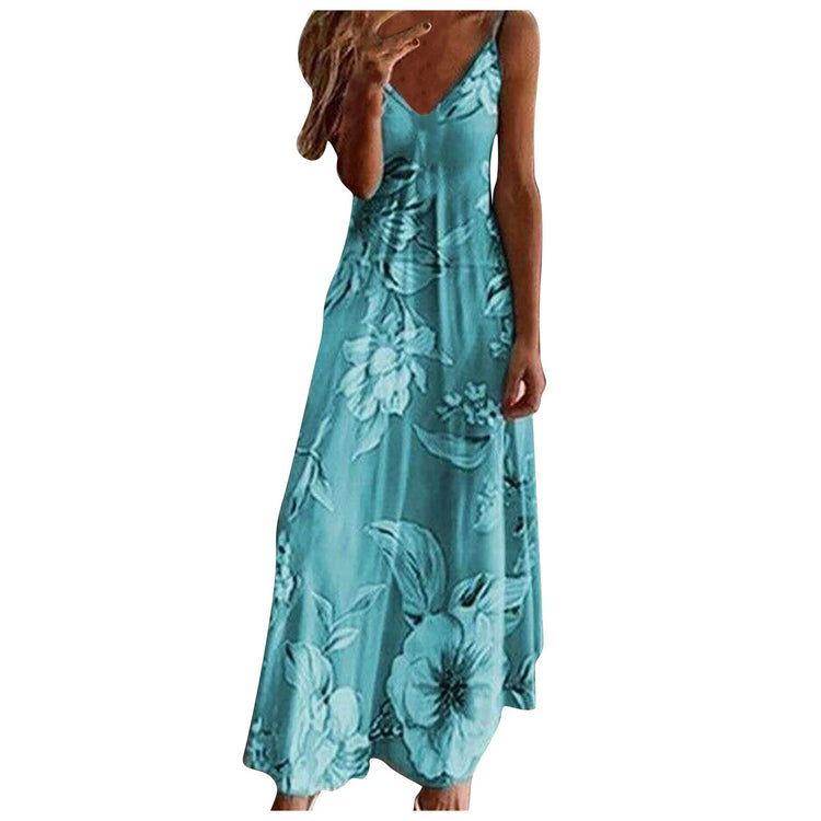 40# Floral Dress Woman Casual Sleeveless Long Dress Woman V-Neck Maxi Long Dress Elegant Vintage Robe Femme Vestido De Mujer