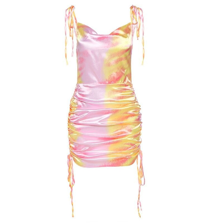 Women Spaghetti Strap Silky Tie-Dye Bodycon Mini Dress Drawstring Party Clubwear