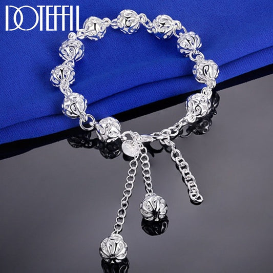 DOTEFFIL 925 Sterling Silver 8mm Hollow Ball Bracelet For Women Wedding Engagement Party Fashion Jewelry