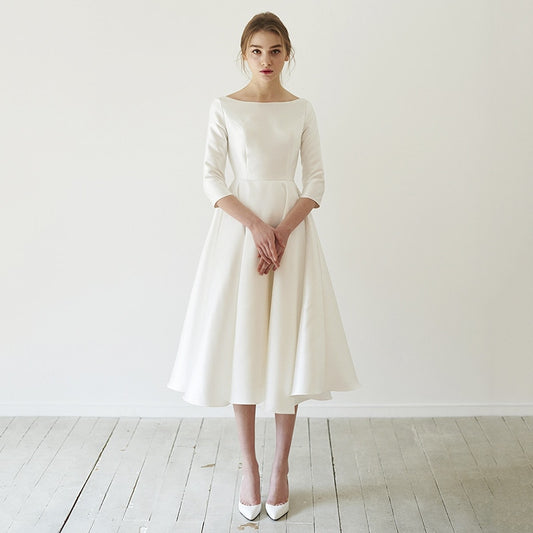 New Simple Wedding Dresses Satin Tea length With Sleeve abendkleider matrimonio vestidosde novia robe-de-mariee Customize SWD053