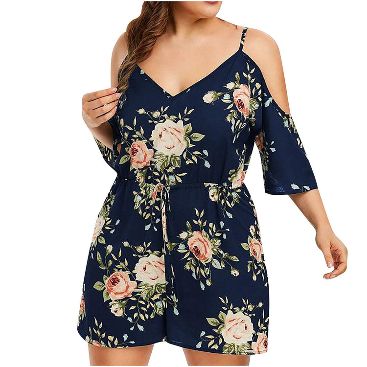 Women Plus Size Casual V-Neck Leakage Shoulder Printing Loose Rompers Shorts 2021 Floral Print Tunic Maxi Long Dresses Big Size
