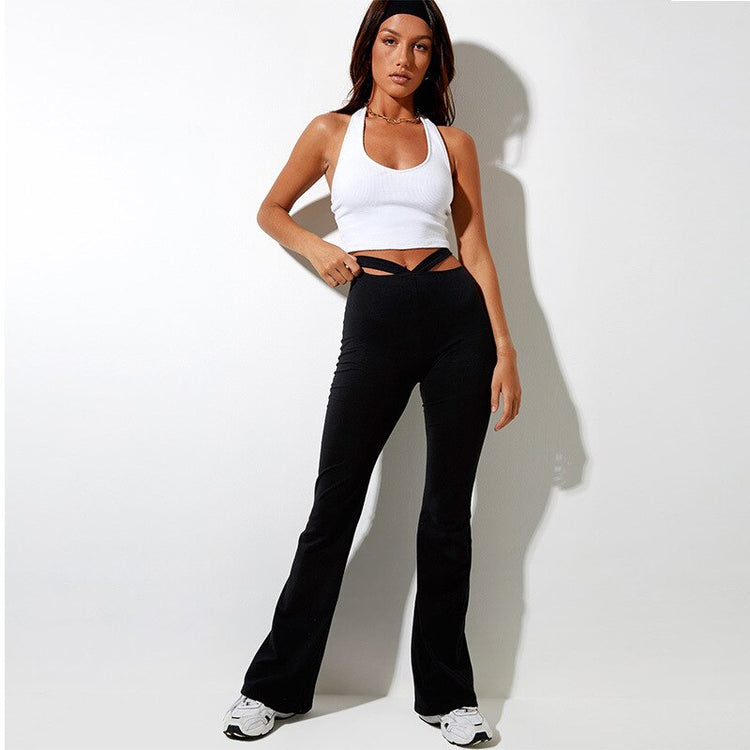 Fashionable Women's Skinny Slim High Flared Pants Black Solid Color High Waist Pants Hollow Design S/M/L/XL