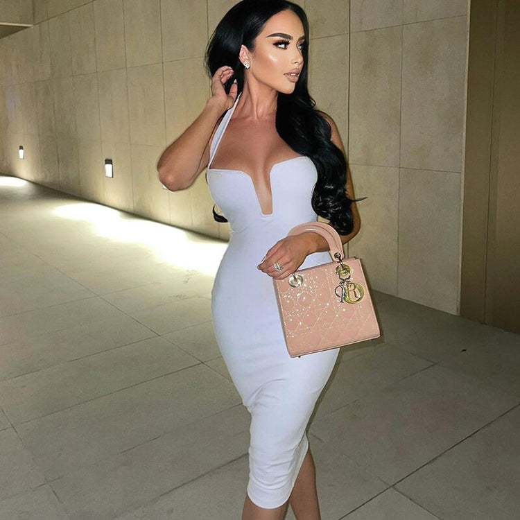 COCOTHIA Halter Backless Low Cut High Waist Bodycon Long Pencil Dress Sexy Solid Front Splid Party Club Office Summer Vestidos