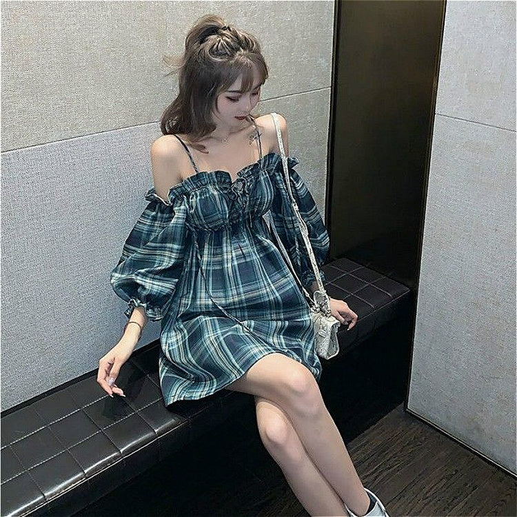 Short Sleeve Dress Women Plaid Slash Neck Ruffles Lace Up Korean Style Sweet Sexy Street Wear Elegant Womens Retro Vestido Chic