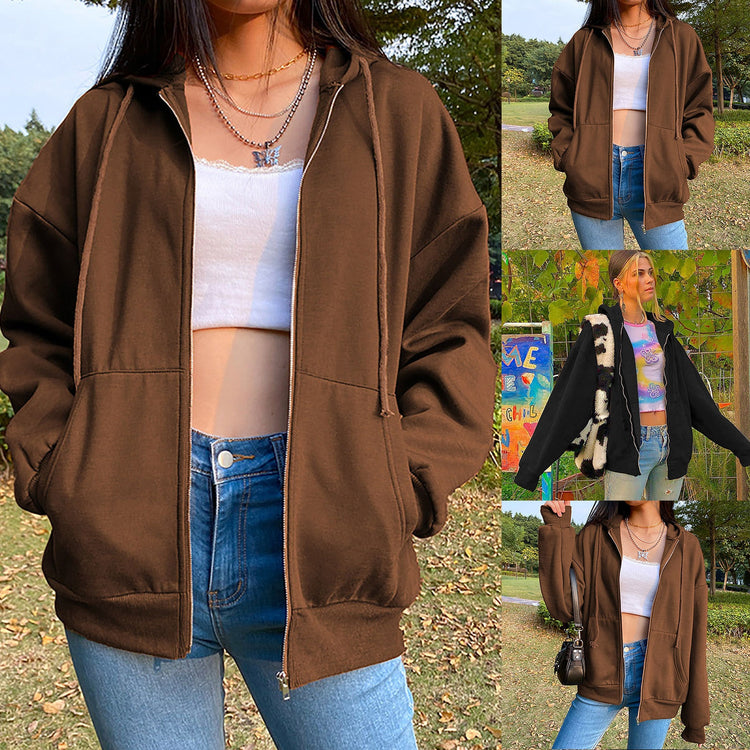 2021 Brown Zip Up Sweatshirt Winter Jacket Clothes oversize Hoodies Women plus size Vintage Pockets Long Sleeve Pullovers
