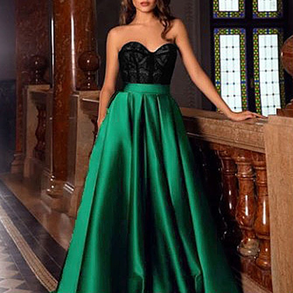 Women's Sexy Strapless Neck Patchwork Sleeveless Lace Slit Up Long Full Dress High Qualty Dress For Wedding Party Formal Women